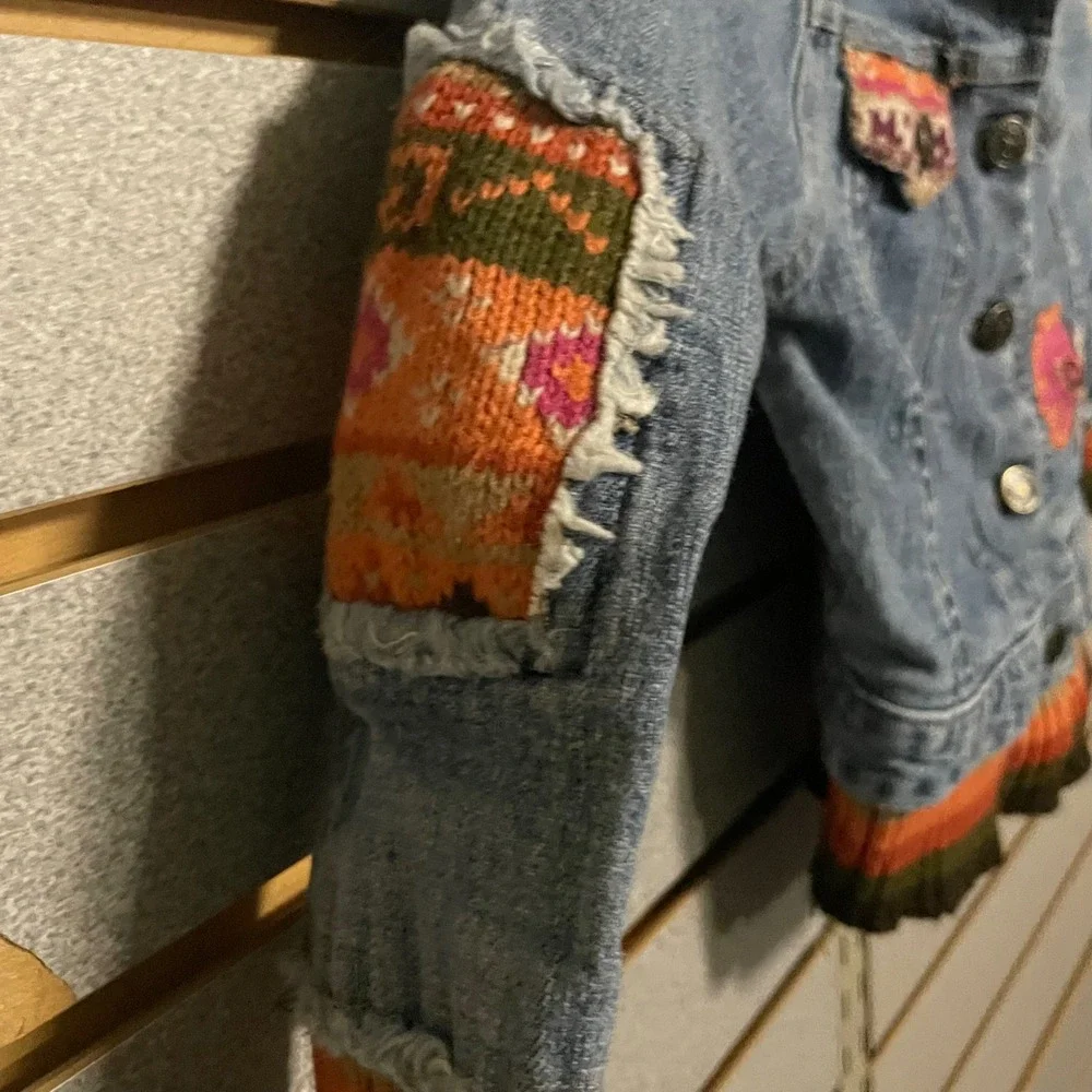 VTG Mary Kate and Ashley Denim Jacket Colorful Knit Trim Flower Embroidery Girls